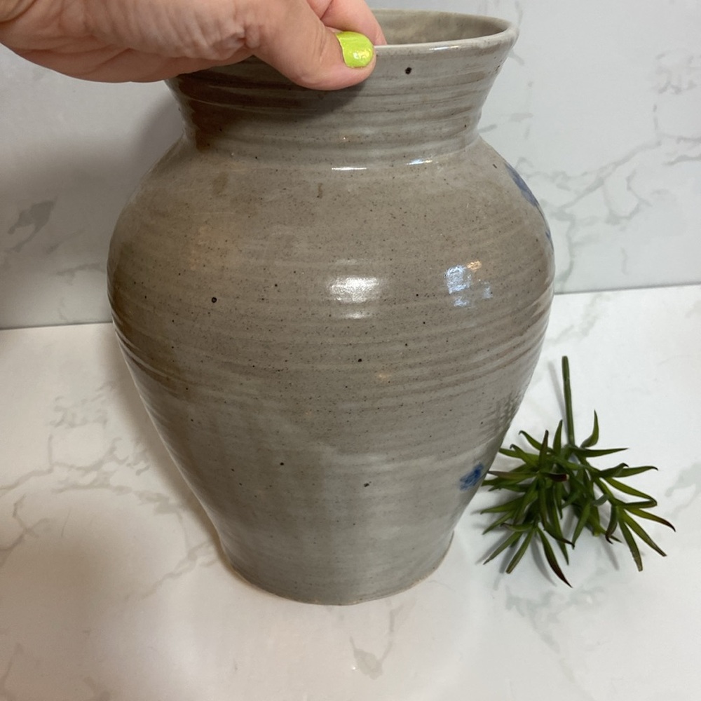 Vintage Studio Pottery Vase Blue Floral Stoneware Rustic Farmhouse 10” Stoneware - Picture 5 of 7